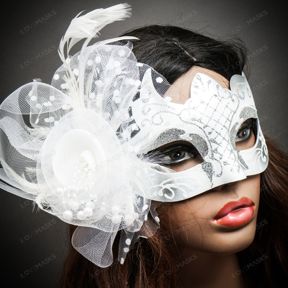 Flower Venetian Carnival Feather Masquerade Mask for Women - White Silver - Picture 4 of 5